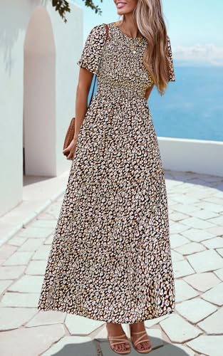 Image of PRETTYGARDEN Women's 2026 Summer Casual Flutter Short Sleeve Boho Floral Maxi Dress Crew Neck Smocked Tiered Long Dresses