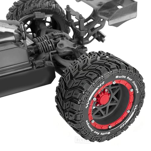 RCMYou RC Truck Wheel and Tires for 1/16 SUMMIT E-REVO GORGON GROM MINI KRATON M-J-X H-B-X S-C-Y RC Car,Monster Truck Car Wheel Tires w/Plastic Wheels Rim,Soft Tire Highway Wheels (4PCS),Black and Red