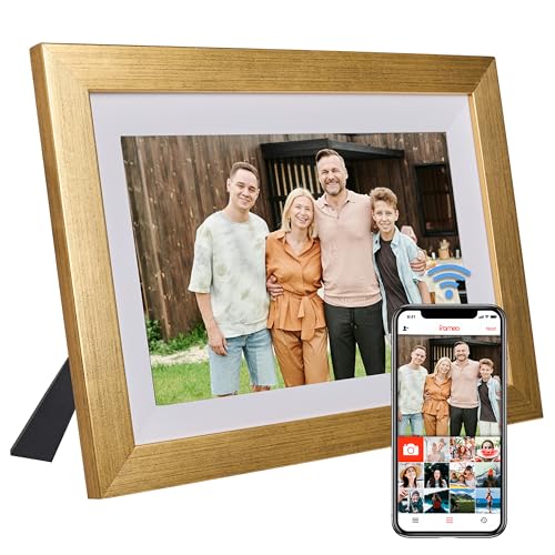 Marco de Fotos Digital WiFi Moldura Digital en Madera Natural 32GB Digital Photo Frame Pantalla Táctil IPS 10.1” Rotación Automática Soporte USB/SD Marco Digital Comparte Fotos con Frameo (Oro)