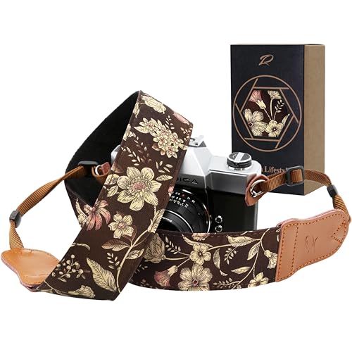 Image of Padwa Lifestyle Japanese Brown Printed Floral Camera Strap - 2 inch Wide Double Layer Cowhide Head Camera Straps for Photographers, Universal Neck & Shoulder Cotton Padded Vintage Strap for Cameras