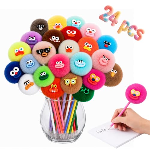 Image of CZWZ 24 Pack Pom Pom Pens Fluffy Cute Pens - Funny Emoji Face Kawaii Plush Novelty Gel Ink Pens 0.5mm for Kids Girls, Classroom Prizes, Treasure Box Toys, Party Favors & Back to School Gifts