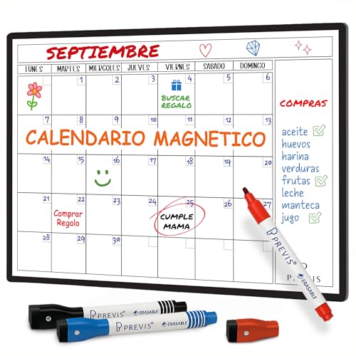 Previs Pizarra Magnetica Nevera A4 - Calendario Magnetico con Lista Compra Nevera - Calendario Nevera Iman y Pizarra para Cocina - Planificador Mensual Magnetico