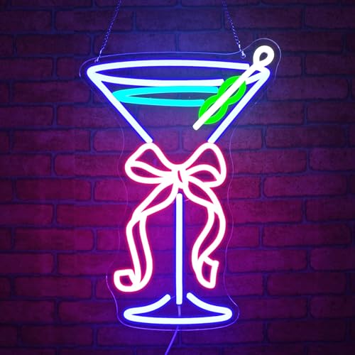 Image of Neon Sign, JGHTURIE Bow Cocktail Neon Signs for Wall Decor Pink Blue Light up Sign Bar Club Party Signs for Man Cave Decor USB Powered