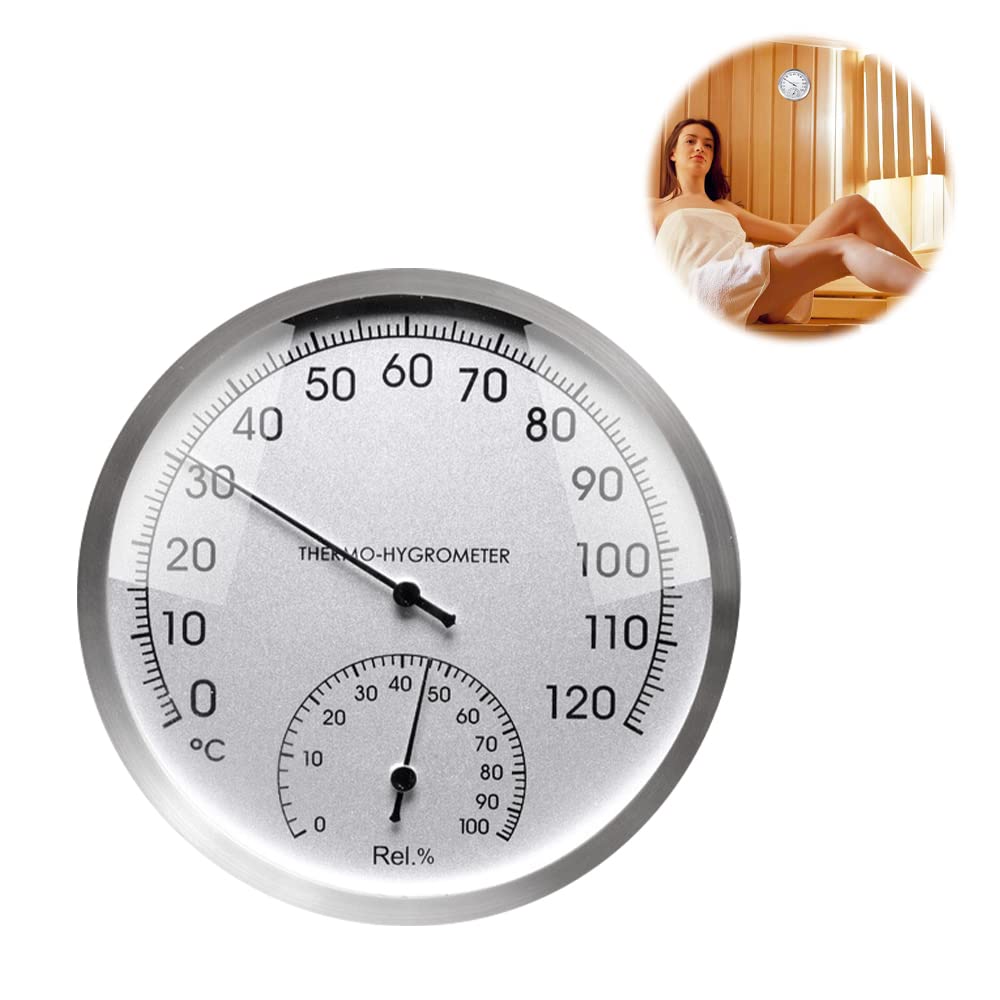 LUFEIS Higrómetro Termómetro Sauna,2 en 1 Termómetro de Metal, Accesorio para Sala de Sauna,Esfera de Metal Sauna,Temperatura y Humedad Correcta,Higrómetro Termómetro Analógico