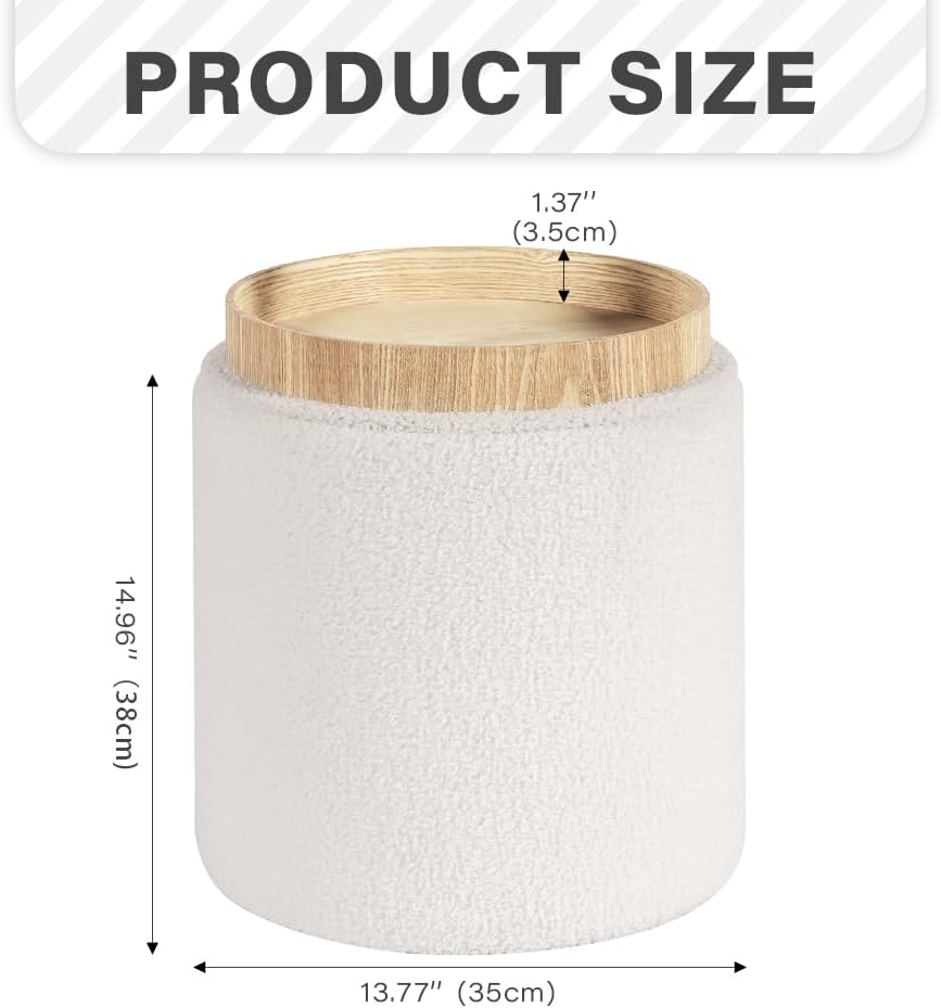 PINPLUS Round Storage Ottoman Boucle Ottoman with Tray, Teddy Velvet Footstool Cube for Living Room, Bedroom, Dorm 13.4"x13.4"x15" (White) - Image 2