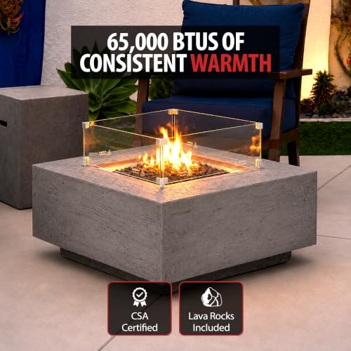 Image of AMS Creations | Albany 36 inches Square Natural Gas Outdoor Fire Pit Table | Concrete GFRC Fire Pit Table | with SS Lid, Canvas Cover, Lava Rock and Wind Guard Included