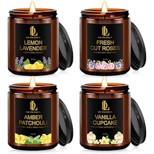 4 Pack Candles for Home Scented, 28 oz Soy Aromatherapy Candle Set, Mother’s Day Candle Gifts for Women, Scents of Fresh Cut Roses/Lemon Lavender/Vanilla Cupcake/Amber Patchouli