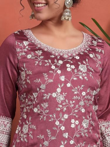 Image of SHOPPING QUEEN Women's Silk Blend Embroidered Kurta and Palazzo Set