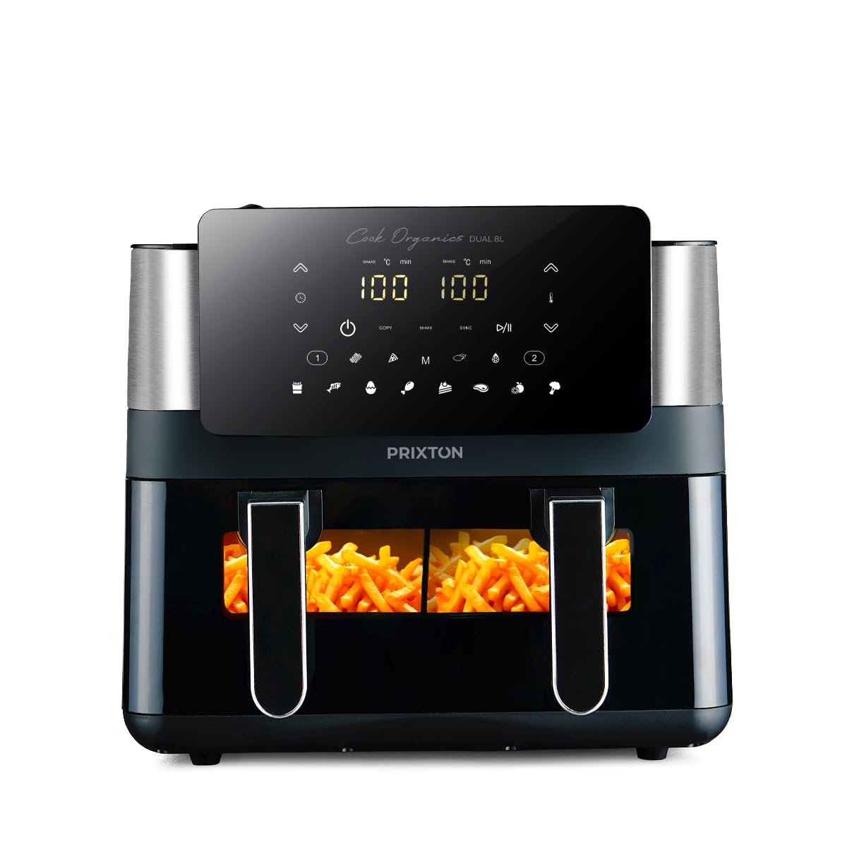 PRIXTON Freidora de aire sin aceite 8 litros con doble compartimento Cook Organics Dual, Ventana transparente, Iluminación interior, Pantalla táctil, Pared Divisoria (Reacondicionado)
