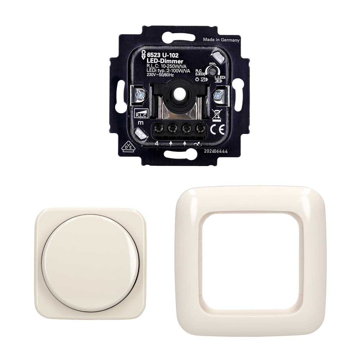 Busch-Jaeger Set: 2115-212 Drehdimmer + 6523 U-102 Dimm-Einsatz + 2511-212 Rahmen Weiß Duro 2000 SI