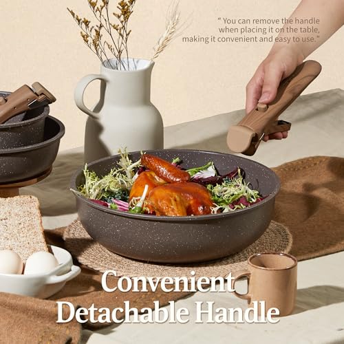 Image of CAROTE 21PCS Pots and Pans Set Non Stick with Detachable Handle, Nonstick Cookware Sets, Cooking Kitchen Set, Oven /Dishwasher Safe, Induction Cookware, Brown, RV Kitchen Pot and Pan