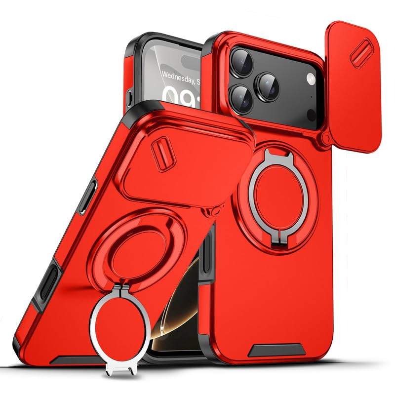 Image of LuxuryKase Shockproof Rugged Case for iPhone 17 Pro Max | Slide Camera Cover | 360 Rotating Ring Kickstand | Military-Grade Protection - Cherry Red