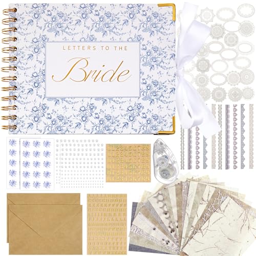 Humyoun Wedding Guest Book Letters to The Bride Scrapbook Wedding Memory Book Bridal DIY Blank Paper Scrapbook Photo Album Guest Sign with Pearl Stickers(8.5 x 7 Inch Floral Blue)