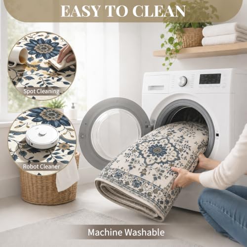 UKISS Washable Rugs 5'x7' Area Rugs for Living Room ，Ultra Silky Floral Rug for Bedroom, Vintage Indoor Floor Large Area Rug，Non Slip Low Pile Carpets for Home Office Blue - image 5