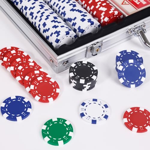Image of 300 Pcs Poker Chips Set for Texas Holdem, 11.5g Clay Chips with Aluminum Carrying Case, Playing Cards & Game Buttons