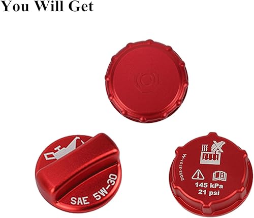 Miniatura 3 de YOCTM Paquete de 3 tapones rojos para depósito de refrigerante del motor + tapa de llenado de aceite + tapa de depósito de cilindro maestro de freno