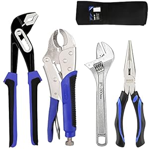 4-piece Pliers Set Home Maintenance Tool Kit for Men, Including Groove Joint, Long Nose, Diagonal Cutting, Locking Pliers, Adjustable Wrench and Linesman Pliers, with Storage Pouch