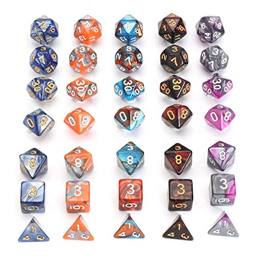 Set di 35 dadi poliedrici D20, D12, D10, D8, D6, D4, 5 colori