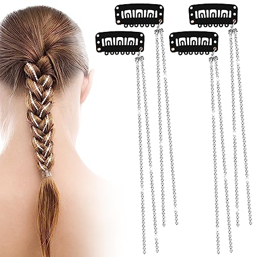 Ouligay 4 cadenas para el pelo con brillantes plateadas y cristales con borlas y pinzas para el...