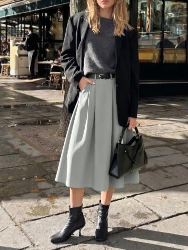 Image of Casly Lamiit A-Line Midi Skirts for Women Business Skirt | Elastic High Waisted, Pleated with Pockets, Work Skirts Casual
