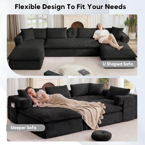 Image of Oversized Cloud Boneless Couch with Chaise, 149 inch Modern U Shape Modular Deep Seat Sectional Sofa, Comfy Corduroy Upholstered Couches for Living Room, No Assembly Required, Black
