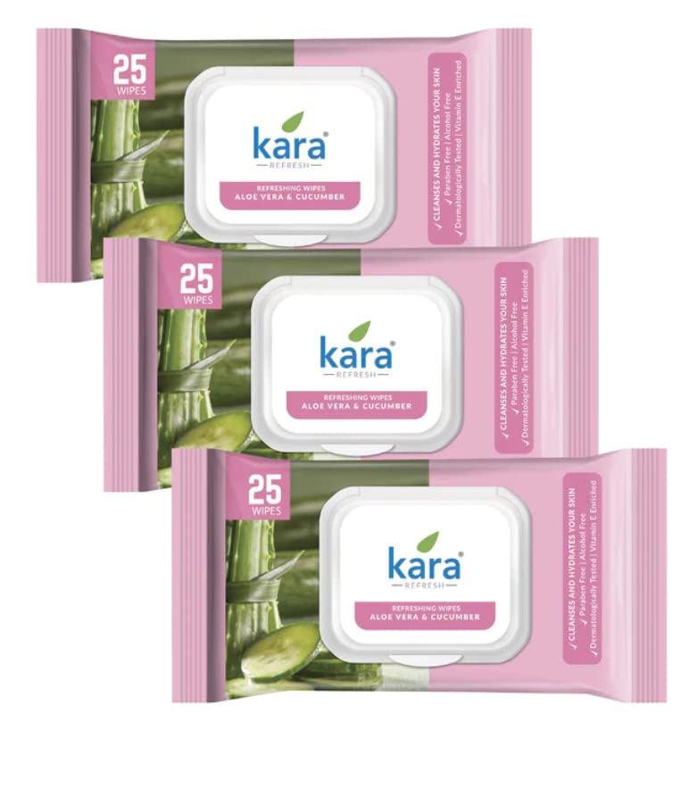 Kara Face Wipes Cleansing & Hydrating Refreshing Aloe Vera & Cucumber, 25 Wipes Pack of 3