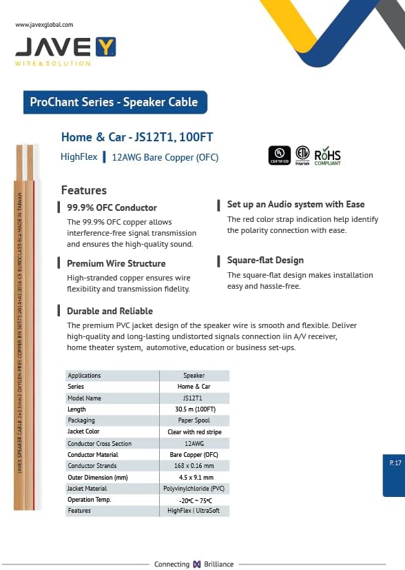Miniatura 6 de JAVEX Cable de cable de altavoz de audio AWG calibre 12 (100 pies), cobre libre de oxígeno OFC, cable plano delgado para audio estéreo de automóvil