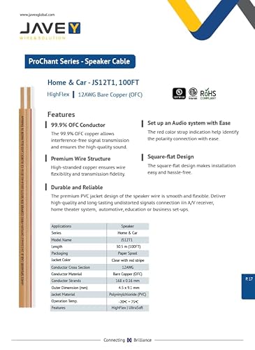 JAVEX Speaker Wire 12-Gauge [3.38mm2] [0.16mm Strands Oxygen-Free Copper 99.9%] Stranded Copper, Flat Cable, Cable for Hi-Fi Systems, Amplifiers, AV receivers and Car Audio Systems, 30.5M - Image 5
