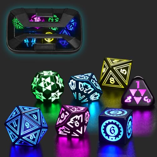 FONVGOGO Light Up DND Dice with Charging Case for Dungeons and Dragons LED Dice Set D&D Rechargeable 7 Color Polyhedral Role Playing RPG Dice for DND Gifts Accessories (Geometry RGB)