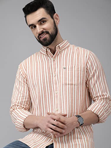 Image of THE BEAR HOUSE Men's Off White & Orange Slim Fit Striped Linen Cotton Casual Shirt | 3XL |TBH-ORB-OR-3XL |