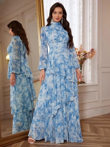 Image of TOLEEN Summer Casual Dresses for Women 2024 Spring Fashion Boho V Neck Long Sleeve Ruffle Floral Print Elegant Maxi Dress