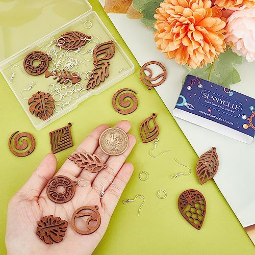 SUNNYCLUE 1 Box 74Pcs DIY 10 works Wood Leaf Charms Bohemian Wooden Charm Earrings Making Starter Kit Double Sided Hollow Leaves Charms Summer Ocean Wave Boho Charm for Jewellery Making Kits Women - Image 3