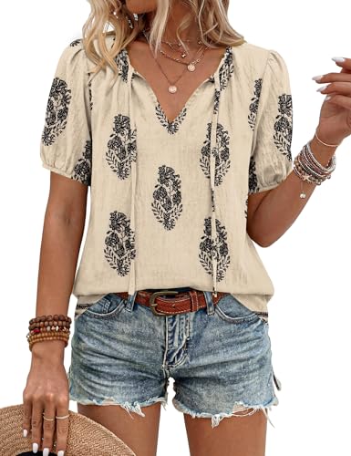 LOMON Womens Boho Tops V-Neck Tie Front Blouse Loose Fit Bohemian Linen Shirt Puff Sleeve Casual Summer Clothing (Apricot Black Floral,M)