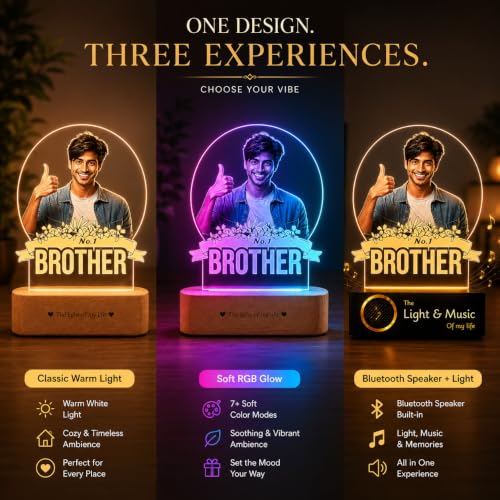 Image of ZOCI VOCI Personalized Rakhi Gift - No.1 Brother Custom UV Printed LED Photo Lamp with BT Speaker, WW Acrylic Night Lamp with Wooden Base, Customized Rakshabandhan Gift