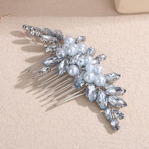 Peine para cabello con perlas y cristales color azul menta miniatura 4