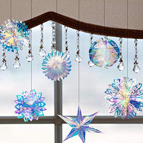 Cnuser Iridescent Snowflake Star Flower Ball Ornament Hanging Decorations, Clear Foil Decorative Folding Decor, Rainbow Shine Party Ornaments For Wedding Birthday Christmas Frozen Theme Party #TOP7