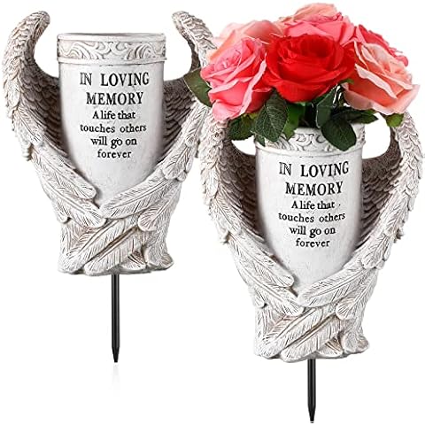 2 Pcs Grave Decorations for Cemetery Angel Wings Vases with Spikes Cemetery Vases with Spikes Memorial Grave Vase Waterproof Garden Angel Wing Statue Vases Condolence Gifts for Loss of Loved One Cover