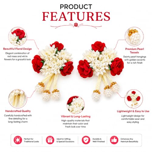 Image of Alvero 12Pc Women Floral Gajra Hair Accessories with Red Roses, White Flowers, Pearl & Golden Bead Tassels - Traditional Indian Bridal Hair Decoration for Wedding, Festive, Ethnic Hairstyles & Valentine Gifting (12-Piece)