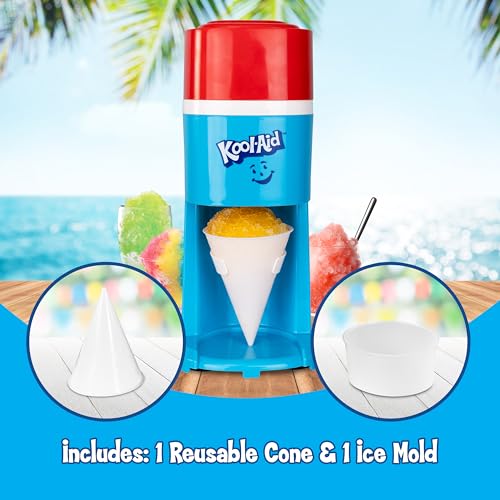 Image of Kool-Aid Electric Ice Shaver for Snow Cones & Frozen Drinks - Single Serve Machine with Stainless Steel Blades - Reusable Cone and Freezing Bowl Mold Included - Red, White & Blue