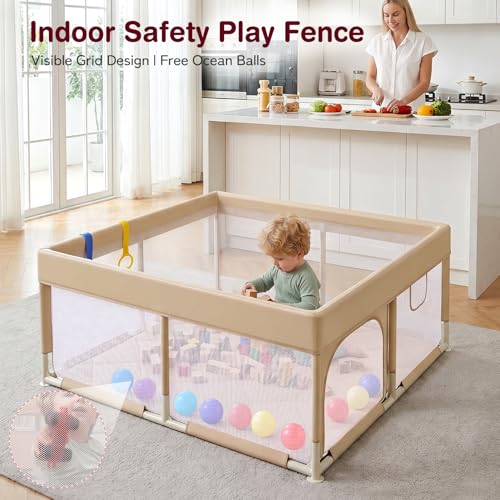 Image of Kidirect Baby Playpen with Play Mat 47x47 - Small Playpen for Babies & Toddlers, Activity Center, Indoor Outdoor, Beige