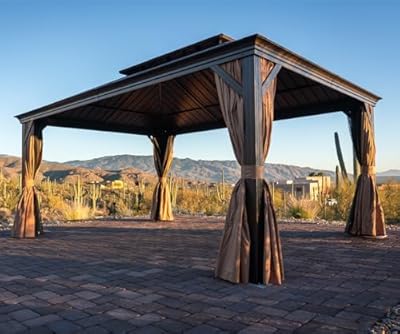 PURPLE LEAF 12' X 16' Outdoor Hardtop Galvanized Steel Double Roof Permanent Gazebo Canopy Aluminum Frame Patio Garden Gazebo with Curtains and Netting