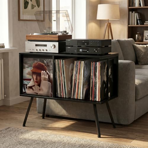 Image of Faesun Flip Top Record Player Stand, Large Turntable Stand Holds up to 150+ Albums, Vintage Mid Century Record Player Table, Stereo Cabinet with Open Storage, for Living Room, Bedroom, Black