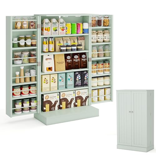 KOMFOTTEU Armario de Almacenamiento con Doble Puerta, Mueble Organizador con 17 Niveles y 6 Estantes Ajustables, Aparador con Dispositivo Antivuelco, para Salón, Comedor, 59 x 30,5 x 103 cm (Verde)
