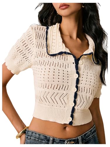 WDIRARA Women's Button Down Short Sleeve Cardigan Sweater Crochet Hollow Out Collared Knit Crop Tops
