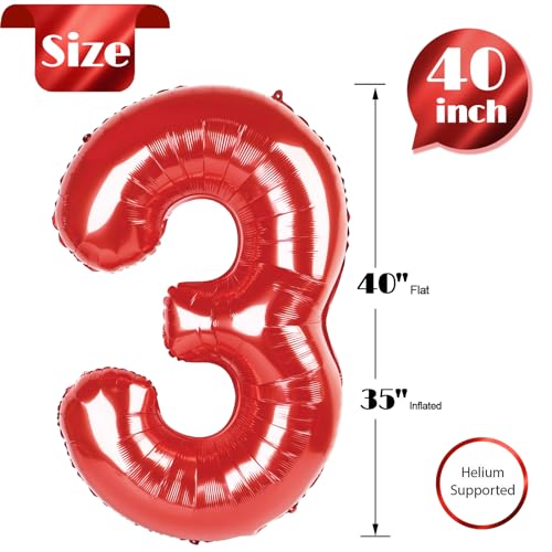 Image of Red Number 3 Balloon 40 Inch, 3rd Birthday Celebration Supplies Women Men, 3 Balloon for Theme Party