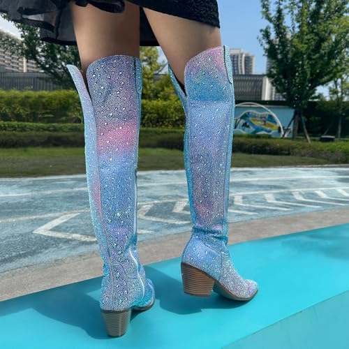 Image of Women Rhinestone Over the Knee Cowboy Boots, Sparkly Bling Cowgirl Boots Western Thigh High Boots Pull-On Side Zippers Chunky Heel Pointed Toe For Concerts, Music Festivals, Parties & Night Out