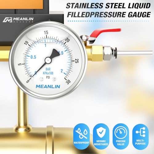 Image of MEANLIN MEASURE 0~30Psi Stainless Steel 1 /4 inch NPT 2.5 inch FACE DIAL Liquid Filled Pressure Gauge WOG Water Oil Air Center Back Mount, with 1 /2 inch NPT and 3 /8 inch NPT Hex Bushing