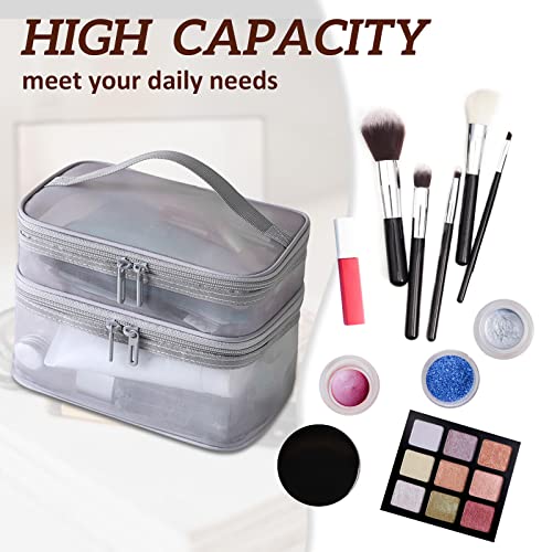 Double Layer Makeup Bag, Large Mesh Travel Cosmetic Pouch with Double Zipper, Vertical Make up Bag, Multifunctional Toiletry Bag for Makeup Brushes (Gray)2