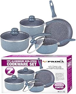 NTI 7 x Pcs Prima Aluminium Grey Marble Coated Cookware Set Non-Stick Saucepan Lid Pot Frypan Stockpots Home Kitchen Chef Healthy Food Cooker 16/18/20/24cm Housewarming Gifts, (15228C)