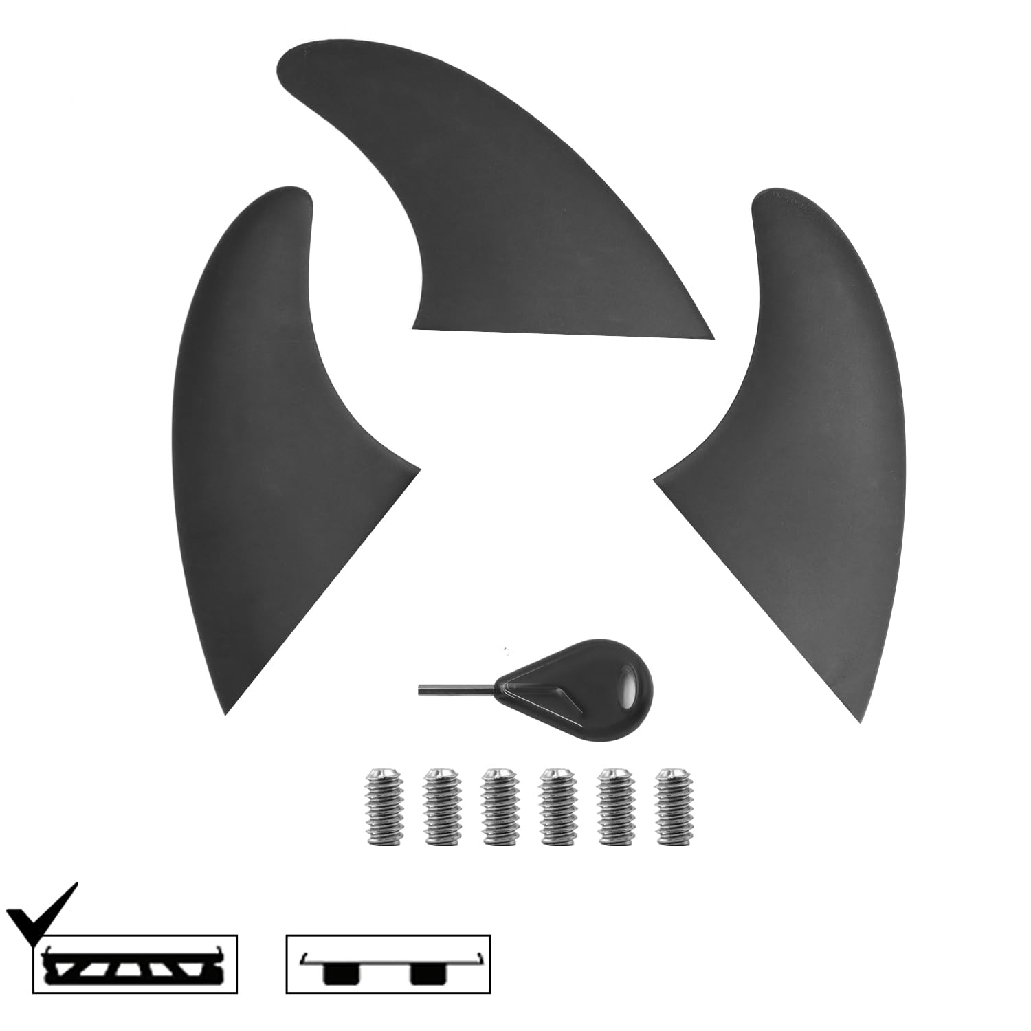 Generic Surfboard Fin Set of 3 with 1 No-Tool Fin Screw - Fiberglass Reinforced Thruster Fins for Longboard, Soft Top Surfboard & Paddle Board (Black), Medium